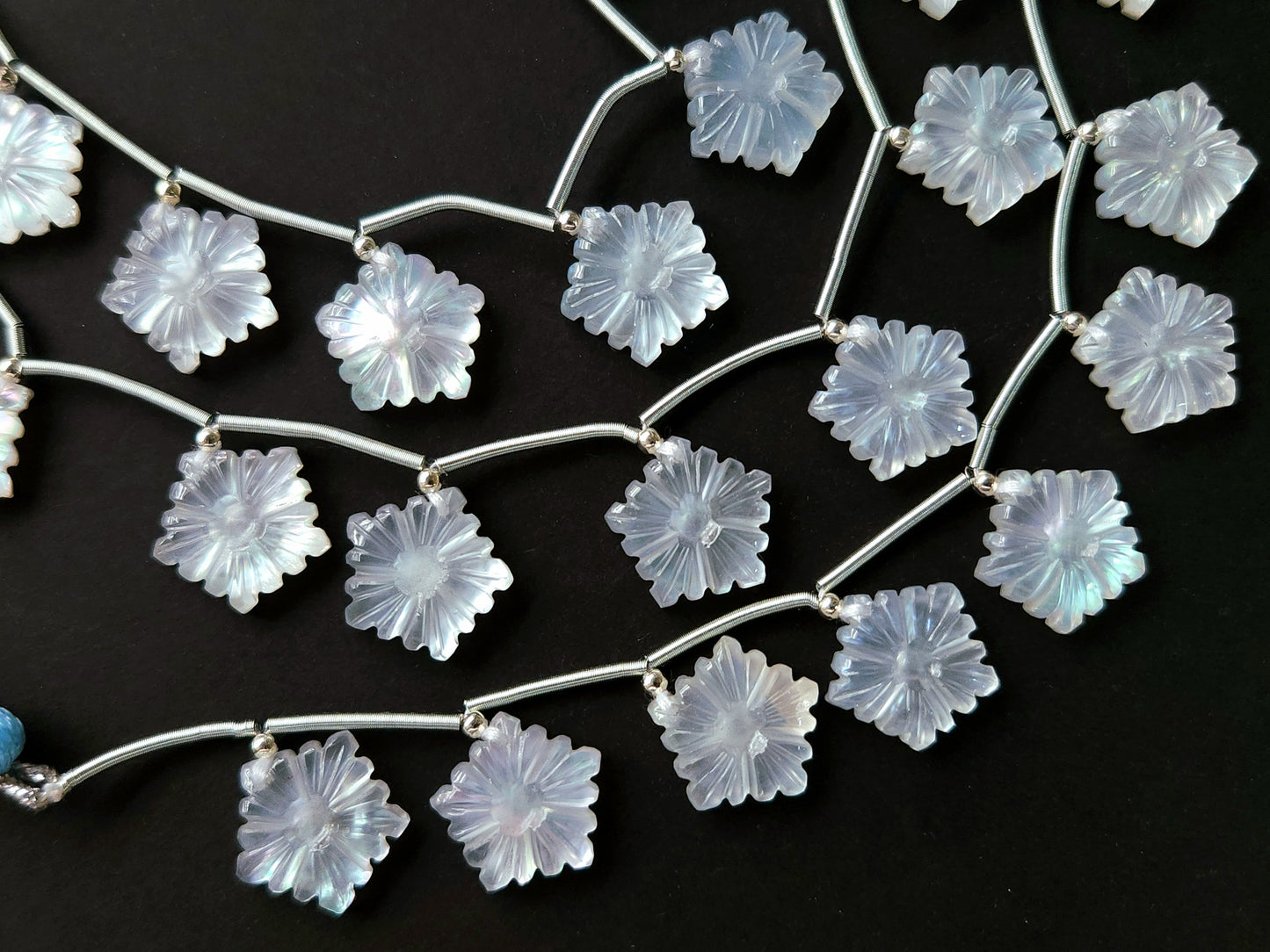Natural Crystal & Mother of Pearl Triplet Carved Flower Beads| 10 Pieces