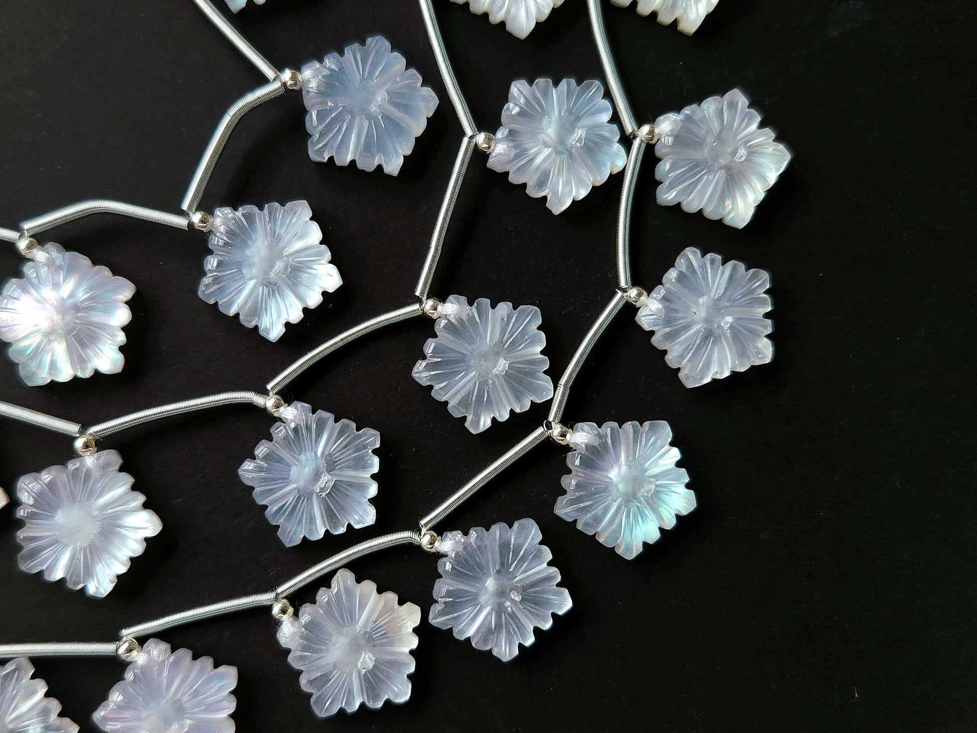Natural Crystal & Mother of Pearl Triplet Carved Flower Beads