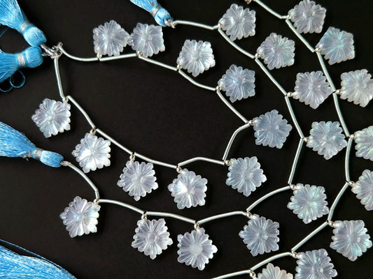 Natural Crystal & Mother of Pearl Triplet Carved Flower Beads| 10 Pieces