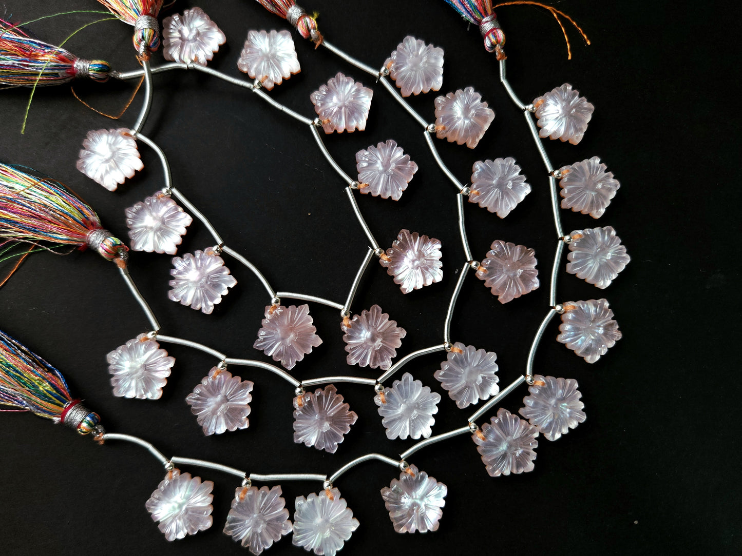 Natural Crystal & Mother of Pearl Triplet Carved Flower Beads| 10 Pieces