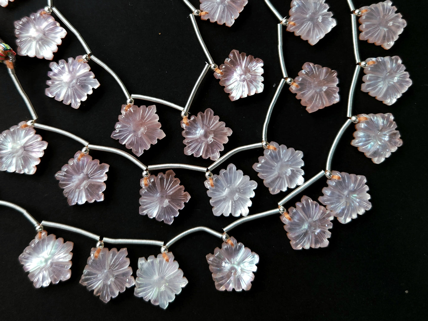 Natural Crystal & Mother of Pearl Triplet Carved Flower Beads| 10 Pieces