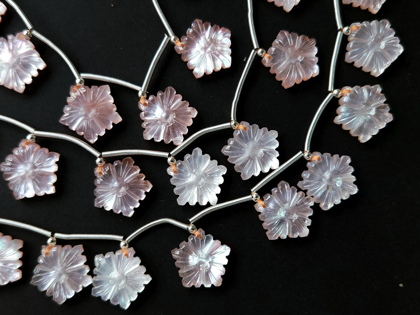 Natural Crystal & Mother of Pearl Triplet Carved Flower Beads| 10 Pieces