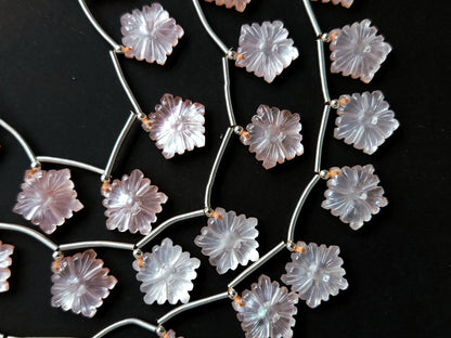 Natural Crystal & Mother of Pearl Triplet Carved Flower Beads| 10 Pieces