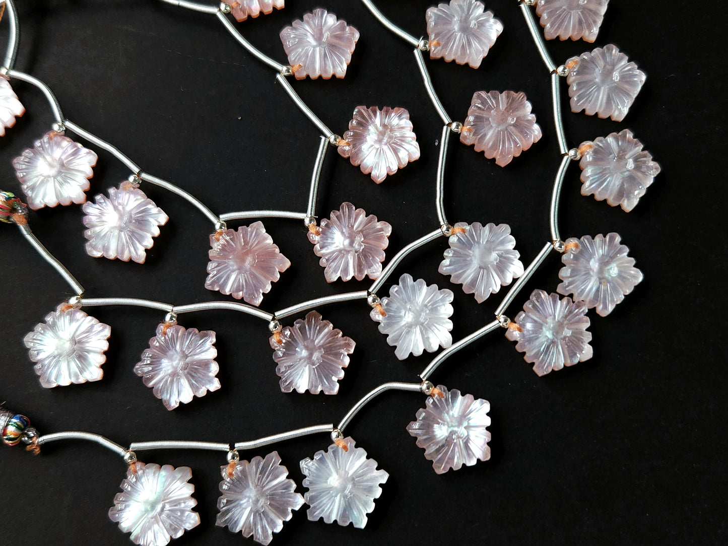 Natural Crystal & Mother of Pearl Triplet Carved Flower Beads