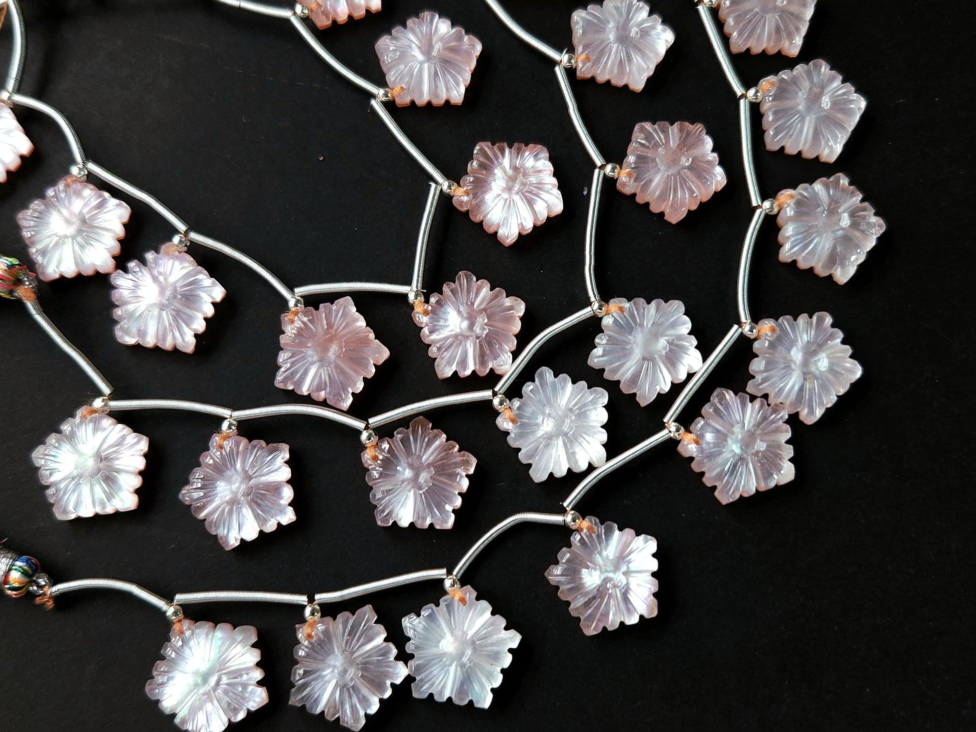 Natural Crystal & Mother of Pearl Triplet Carved Flower Beads