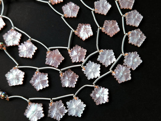 Natural Crystal & Mother of Pearl Triplet Carved Flower Beads