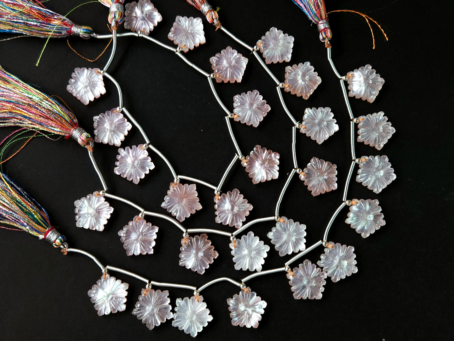 Natural Crystal & Mother of Pearl Triplet Carved Flower Beads| 10 Pieces