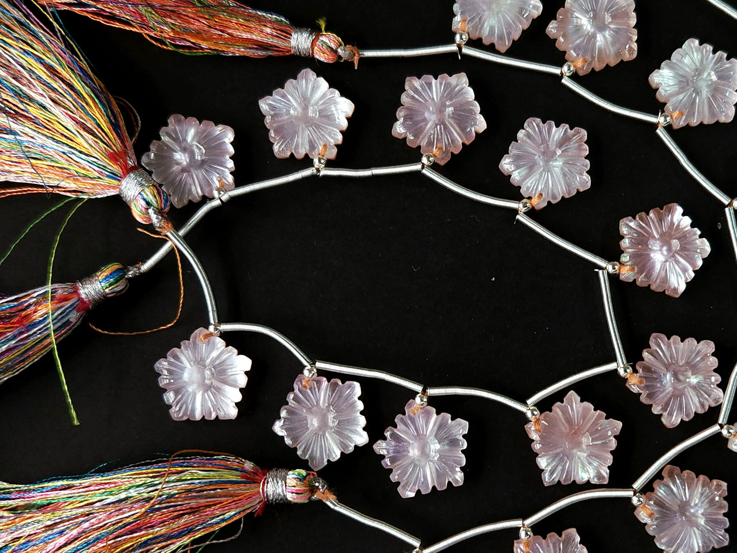 Natural Crystal & Mother of Pearl Triplet Carved Flower Beads| 10 Pieces