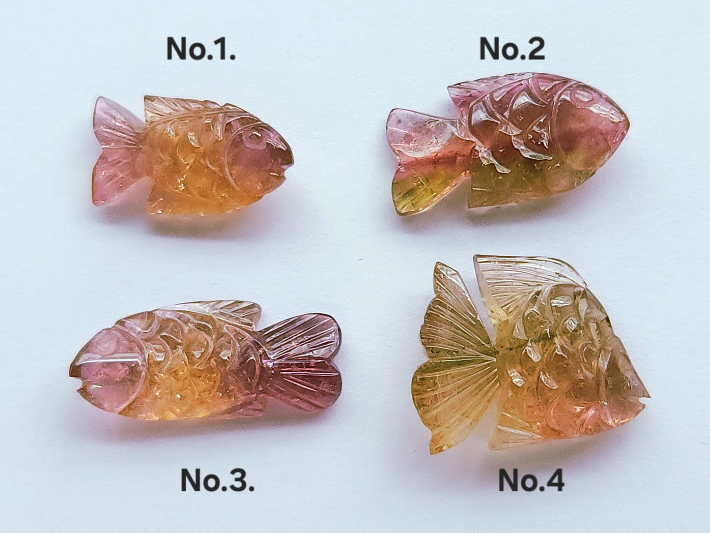 Rare! Natural Bi-Tourmaline Carved Fishes