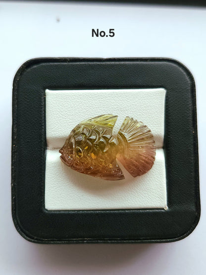 Rare! Natural Bi-Tourmaline Carved Fishes