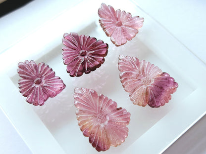 Natural Pink Tourmaline Flower Carvings For Pendants, Charms & Jewelry Making