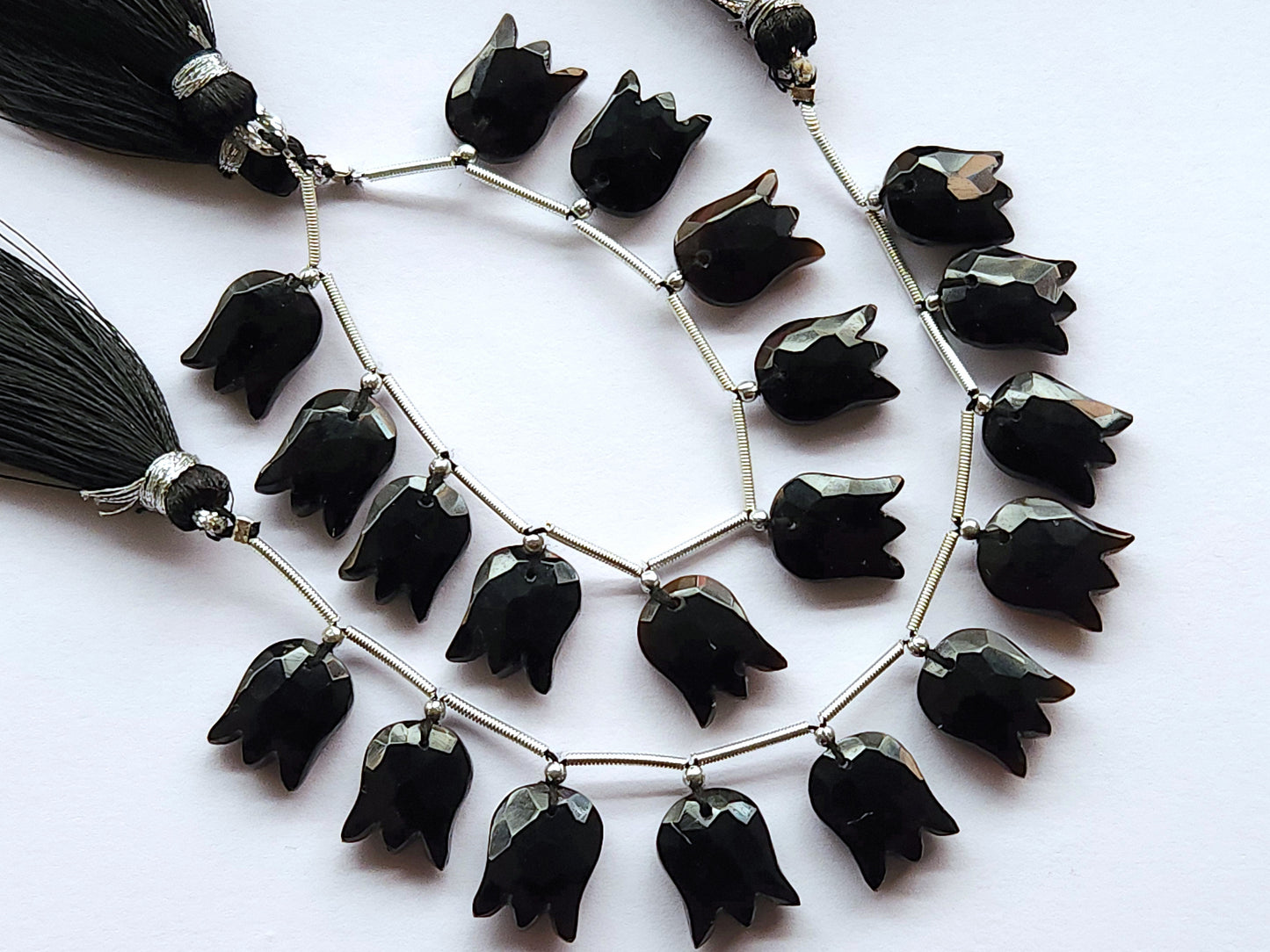 Black Quartzite Tulip Hammered Faceted Cut Beads | Flower Briolette Beads