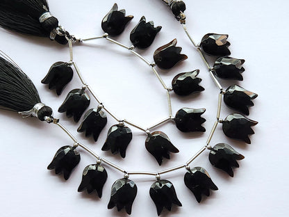 Black Quartzite Tulip Hammered Faceted Cut Beads | Flower Briolette Beads