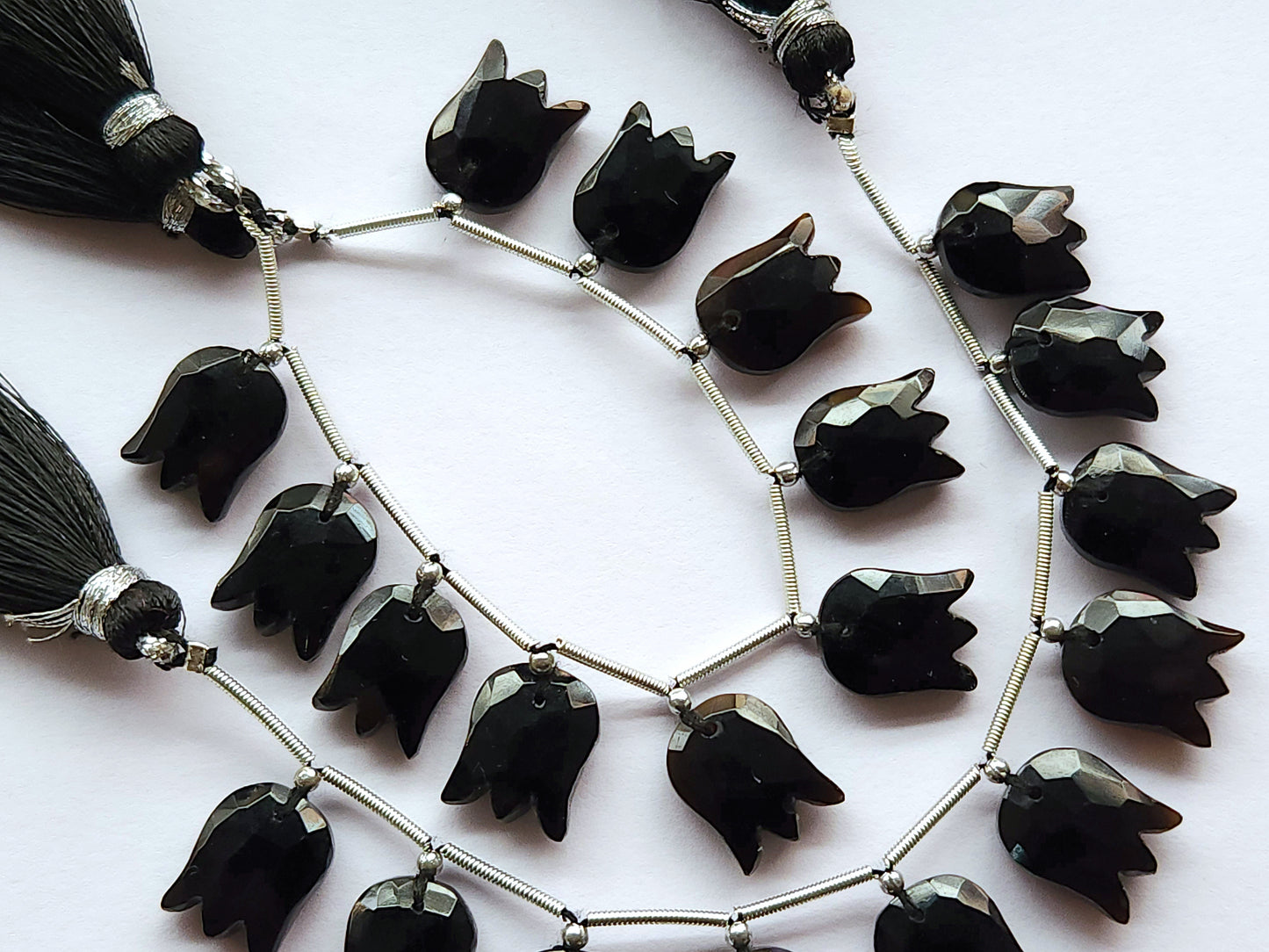 Black Quartzite Tulip Hammered Faceted Cut Beads | Flower Briolette Beads