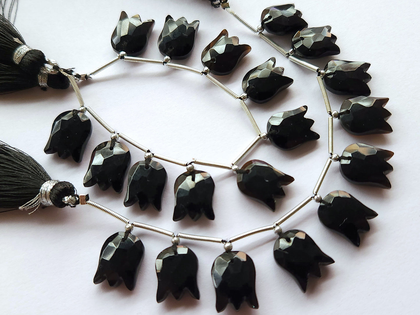 Black Quartzite Tulip Hammered Faceted Cut Beads | Flower Briolette Beads