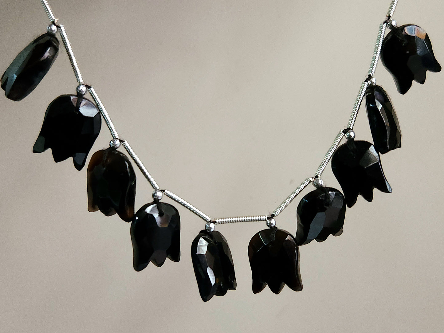 Black Quartzite Tulip Hammered Faceted Cut Beads | Flower Briolette Beads