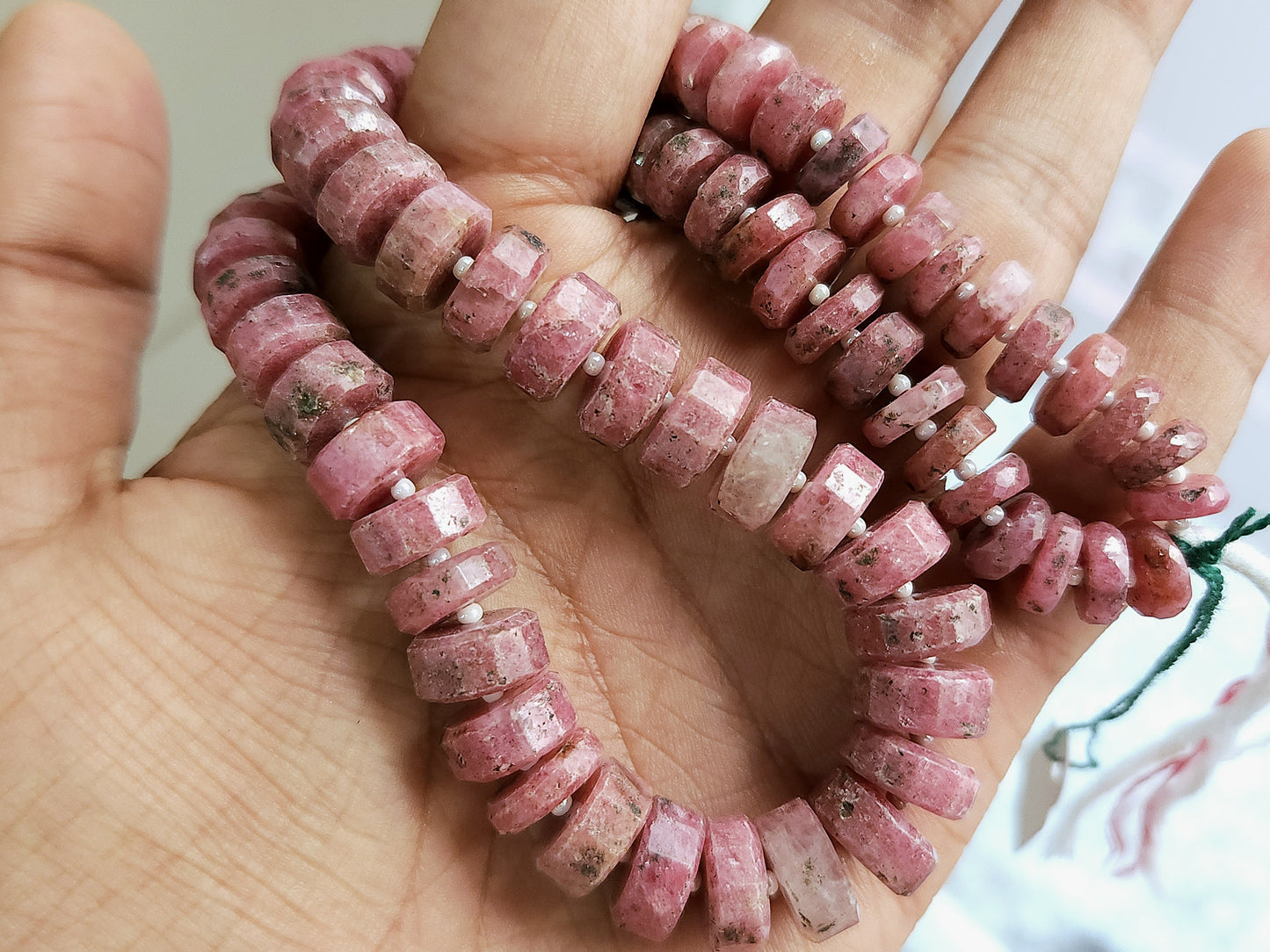 Natural Pink Rhodonite Faceted Tyre Beads