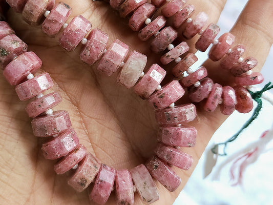 Natural Pink Rhodonite Faceted Tyre Beads