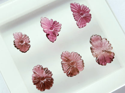 Natural Pink Tourmaline Flower Carvings For Pendants, Charms & Jewelry Making