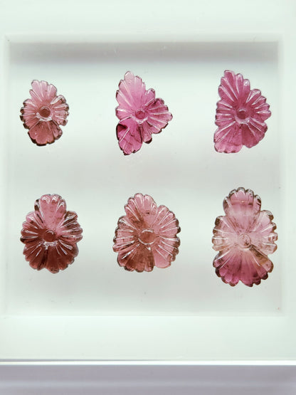 Natural Pink Tourmaline Flower Carvings For Pendants, Charms & Jewelry Making