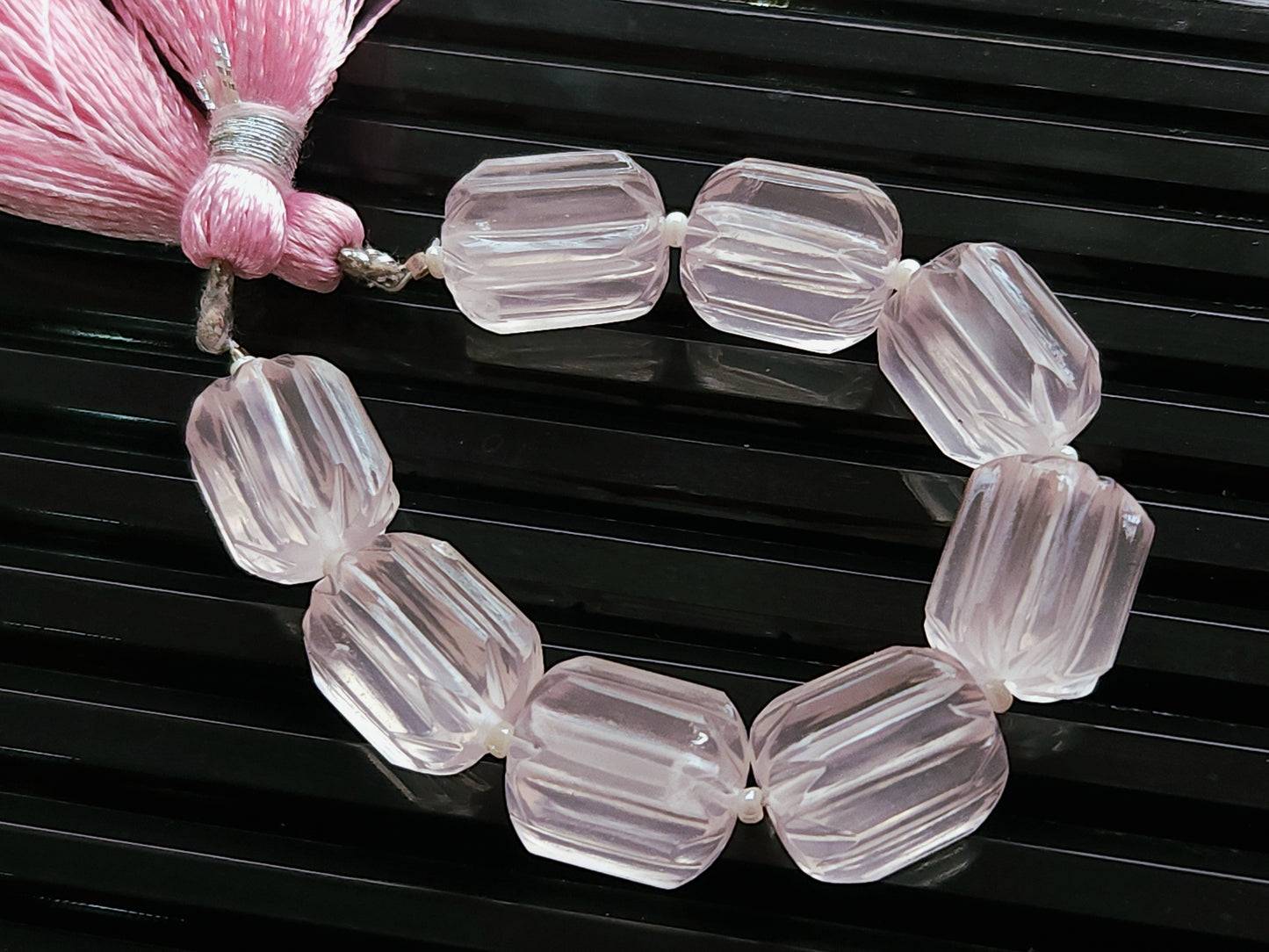 Natural Rose Quartz Carved Barrel Beads