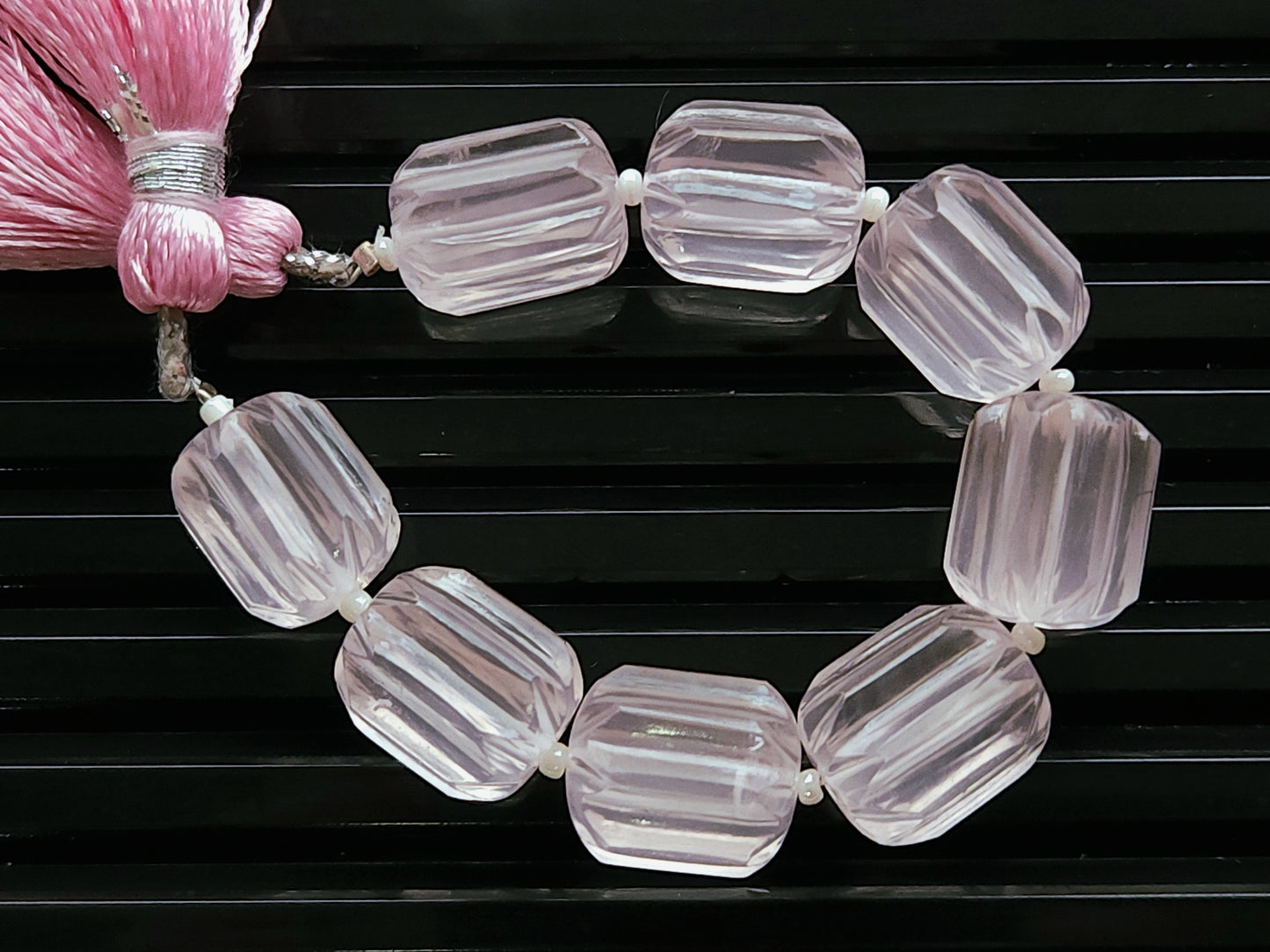 Natural Rose Quartz Carved Barrel Beads