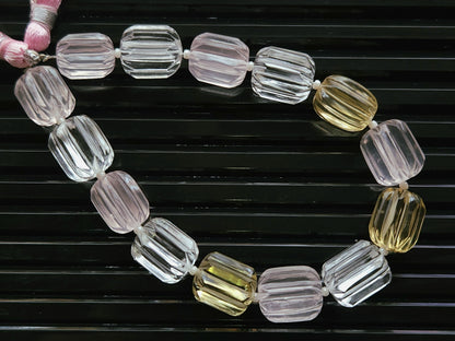 Natural Mix Quartz Carved Barrel Beads | Rose , Beer & Crystal Quartz