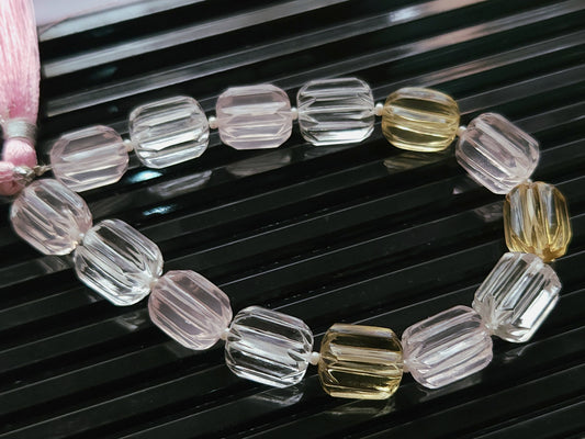 Natural Mix Quartz Carved Barrel Beads | Rose , Beer & Crystal Quartz