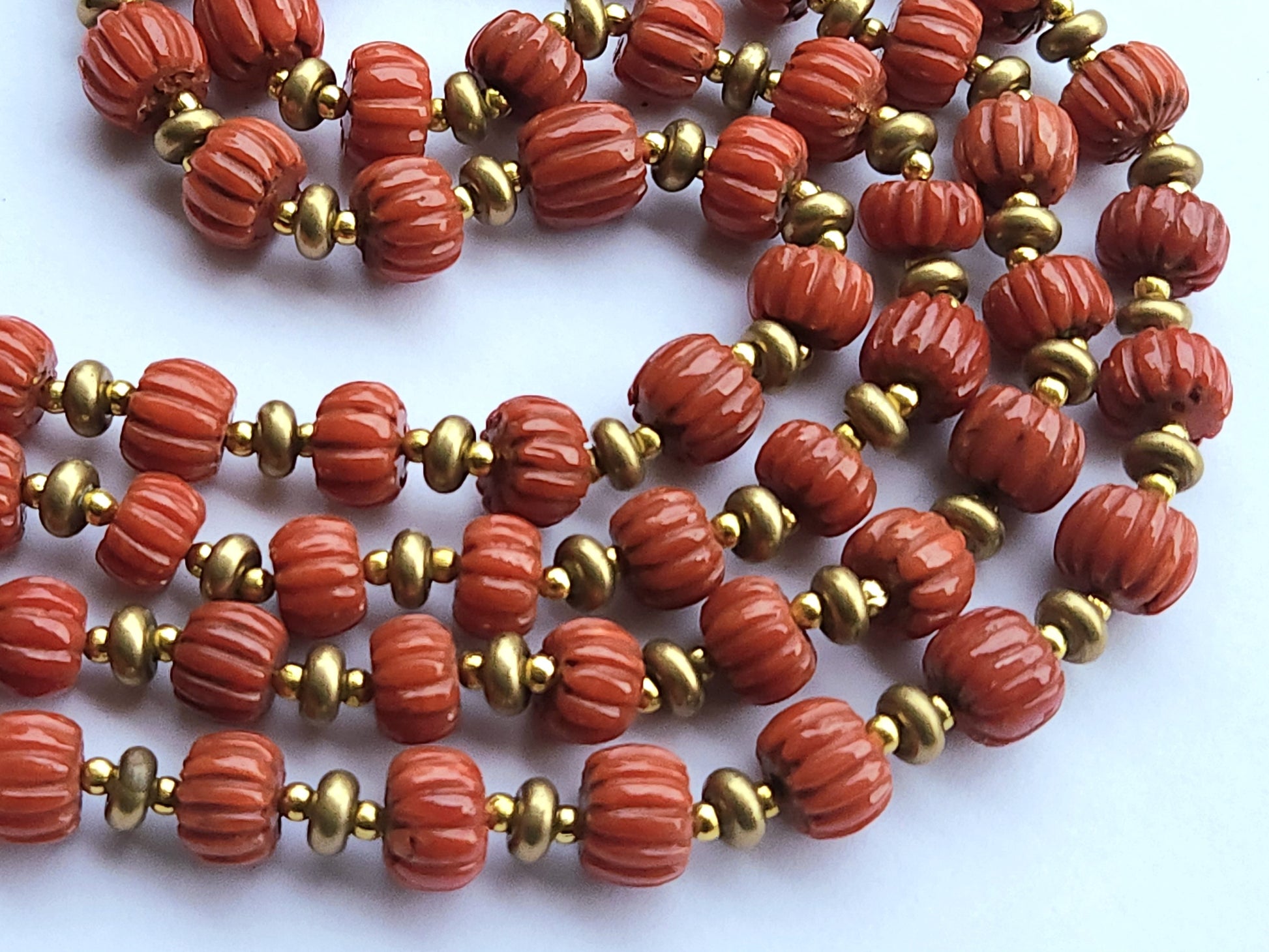 Natural Italian Coral Carved Melons Beads | 10 To 13MM | Carved Beads | Red Coral Gemstone Strand for Necklace & Jewelry Making | 17 Inch