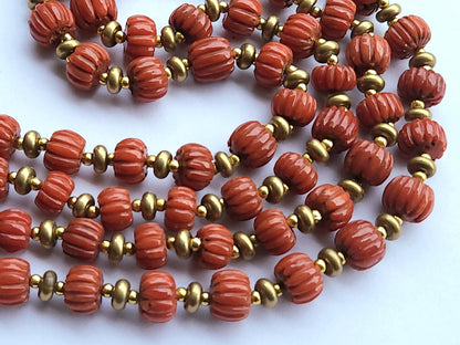 Natural Italian Coral Carved Melons Beads | 10 To 13MM | Carved Beads | Red Coral Gemstone Strand for Necklace & Jewelry Making | 17 Inch