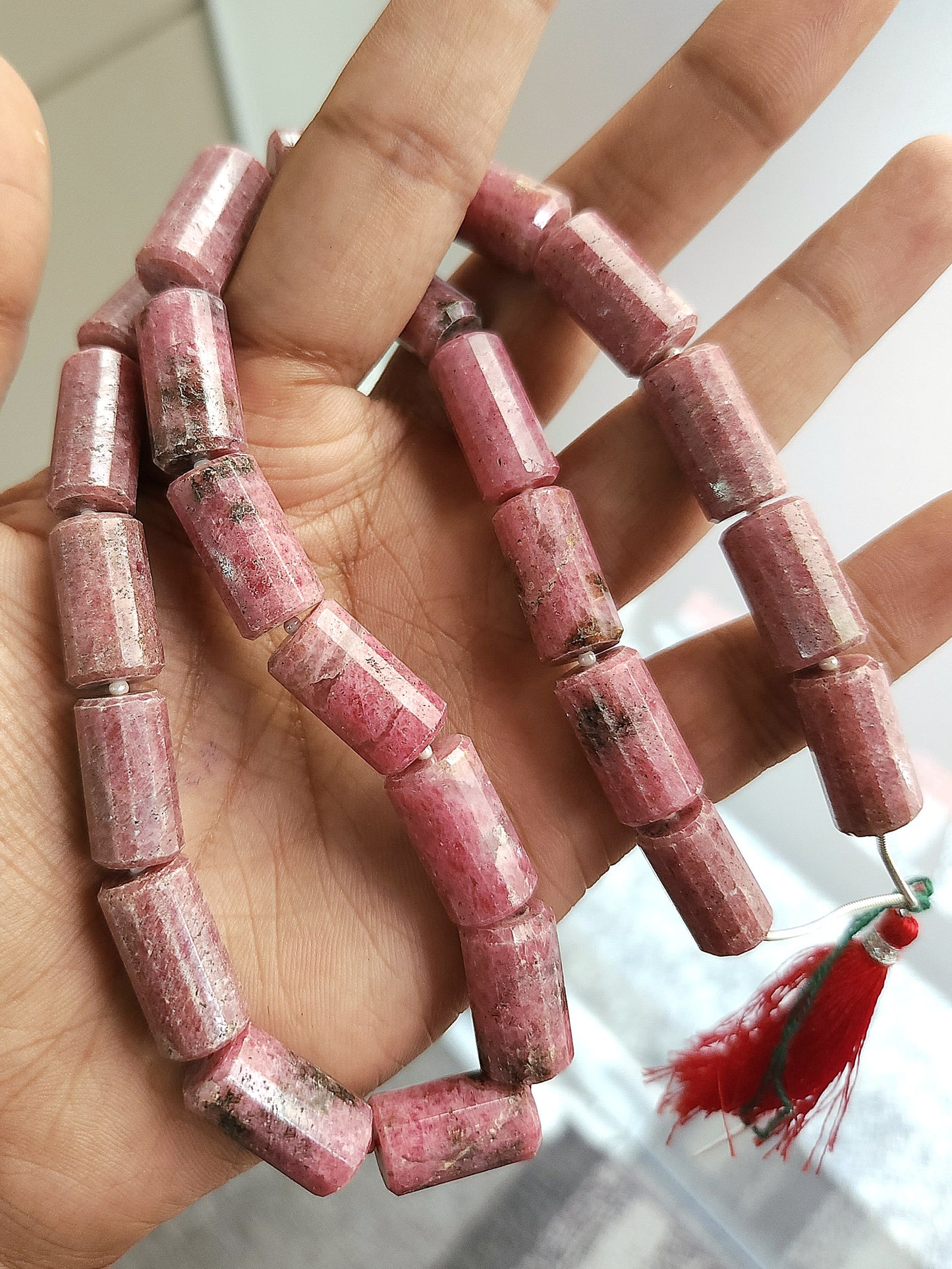 Natural Pink Rhodonite Faceted Cylindrical Beads for Jewelry Making