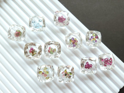 Crystal Quartz & Multi Tourmaline Square Cushion Gemstone Pair | Shaker Packed Gemstone