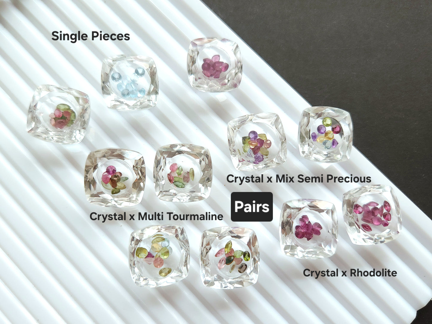 Crystal Quartz & Multi Tourmaline Square Cushion Gemstone Pair | Shaker Packed Gemstone