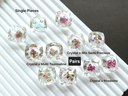 Crystal Quartz & Multi Tourmaline Square Cushion Gemstone Pair | Shaker Packed Gemstone