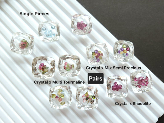 Crystal Quartz & Multi Tourmaline Square Cushion Gemstone Pair | Shaker Packed Gemstone