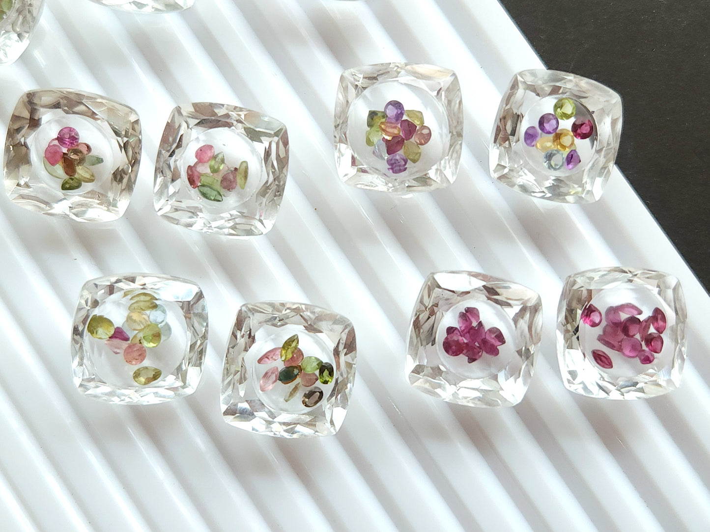Crystal Quartz & Multi Tourmaline Square Cushion Gemstone Pair | Shaker Packed Gemstone