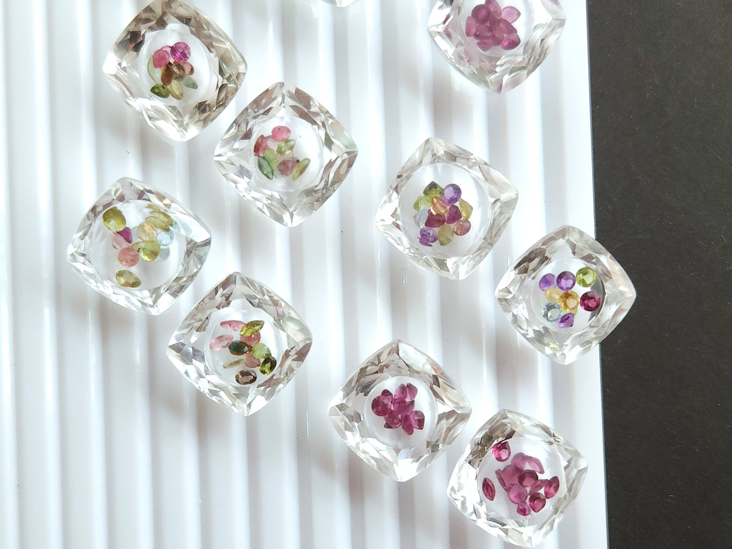 Crystal Quartz & Multi Tourmaline Square Cushion Gemstone Pair | Shaker Packed Gemstone