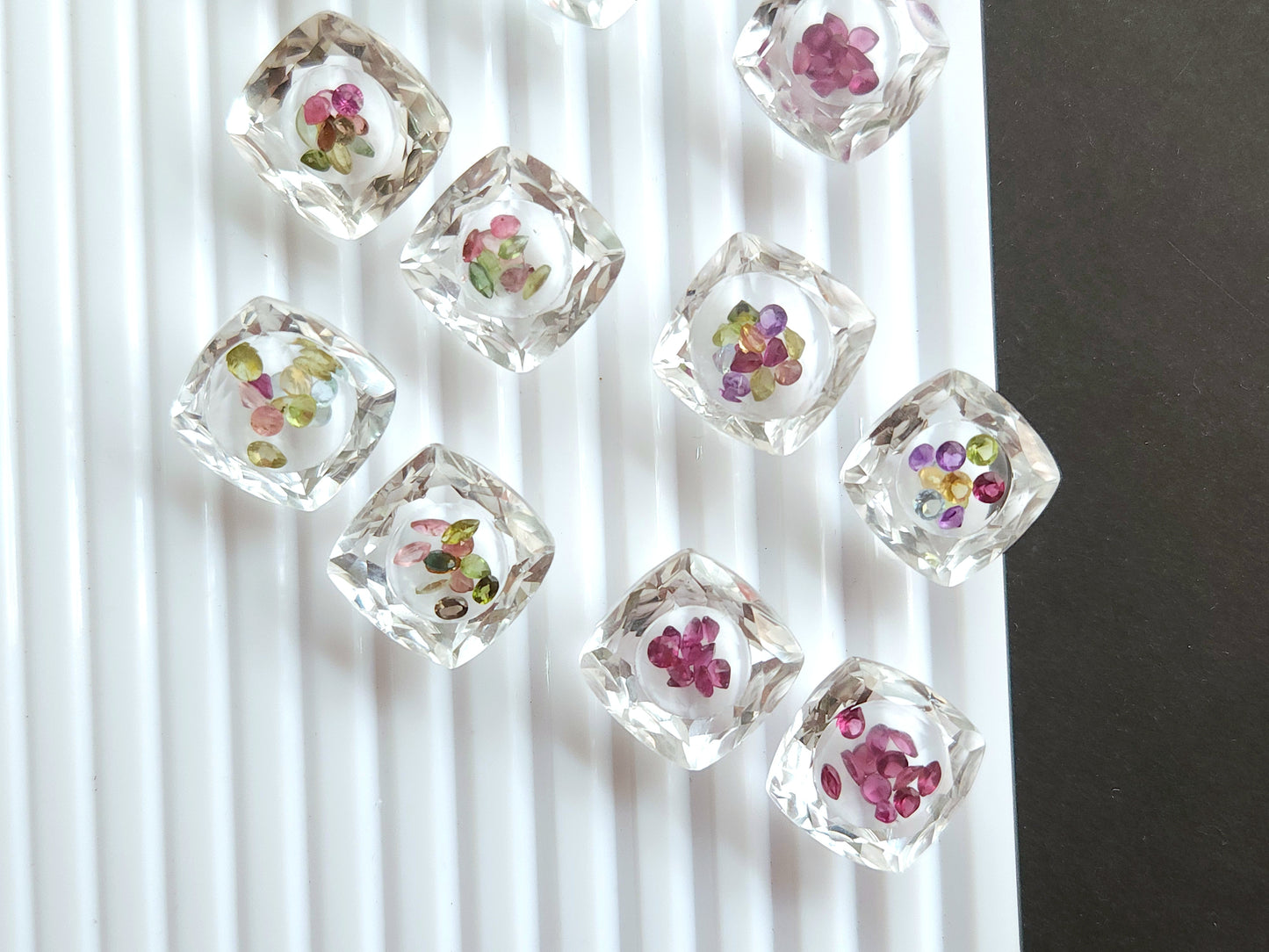 Crystal Quartz & Multi Tourmaline Square Cushion Gemstone Pair | Shaker Packed Gemstone