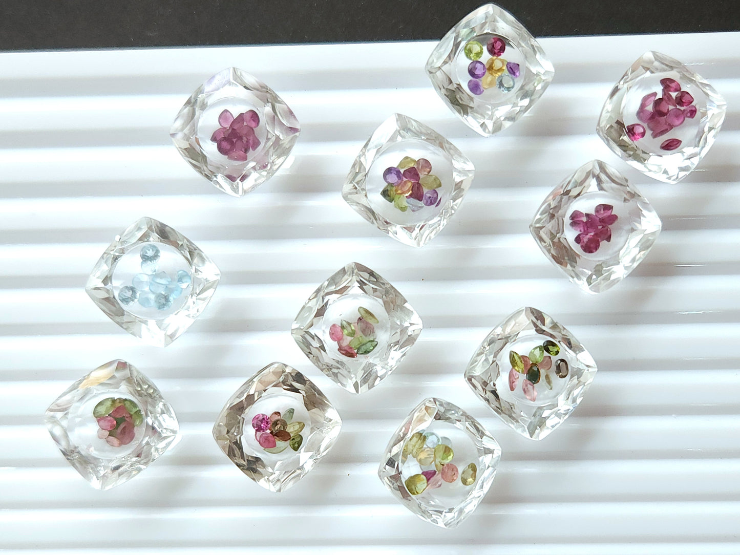 Crystal Quartz & Multi Tourmaline Square Cushion Gemstone Pair | Shaker Packed Gemstone