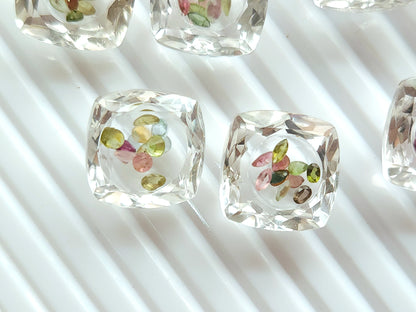 Crystal Quartz & Multi Tourmaline Square Cushion Gemstone Pair | Shaker Packed Gemstone