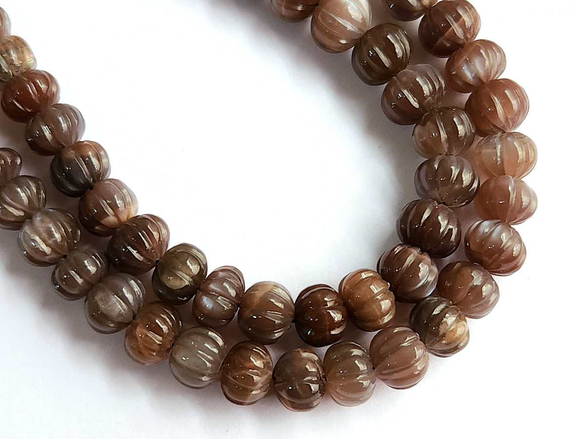 Natural Chocolate Moonstone Carved Melons | 16 Inch Moonstone Pumpkin Beads for Necklace & Jewelry Making | 7 To 10 MM