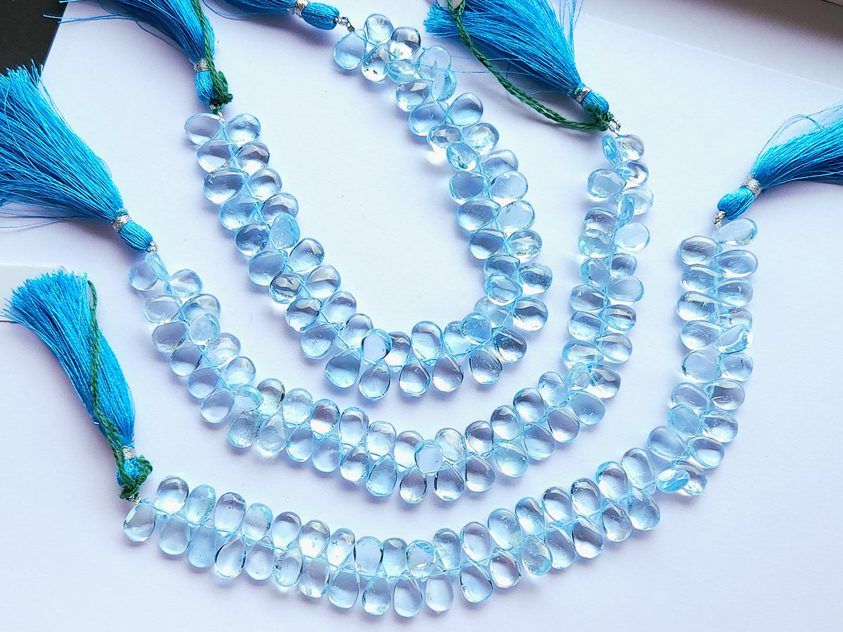 Natural Blue Topaz Smooth Pear Beads | 8 Inches | Blue Topaz Pear Shape Beads for Earrings, Necklace & Jewelry Making