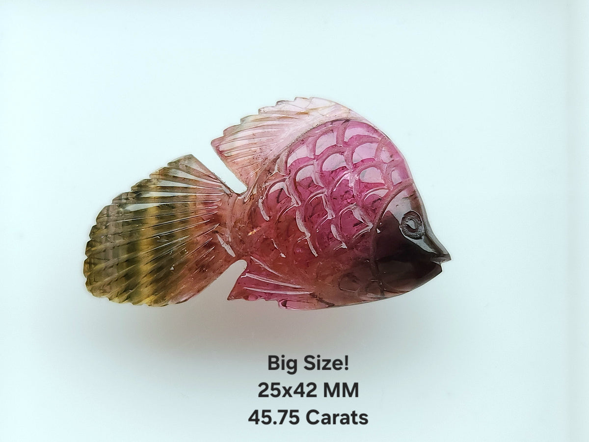 Rare! Natural Bi-Tourmaline Fish Carvings | 25x42 MM| Watermelon Tourmaline |Carved Fish Tourmaline Gemstone For Charm, Pendant & Jewellery