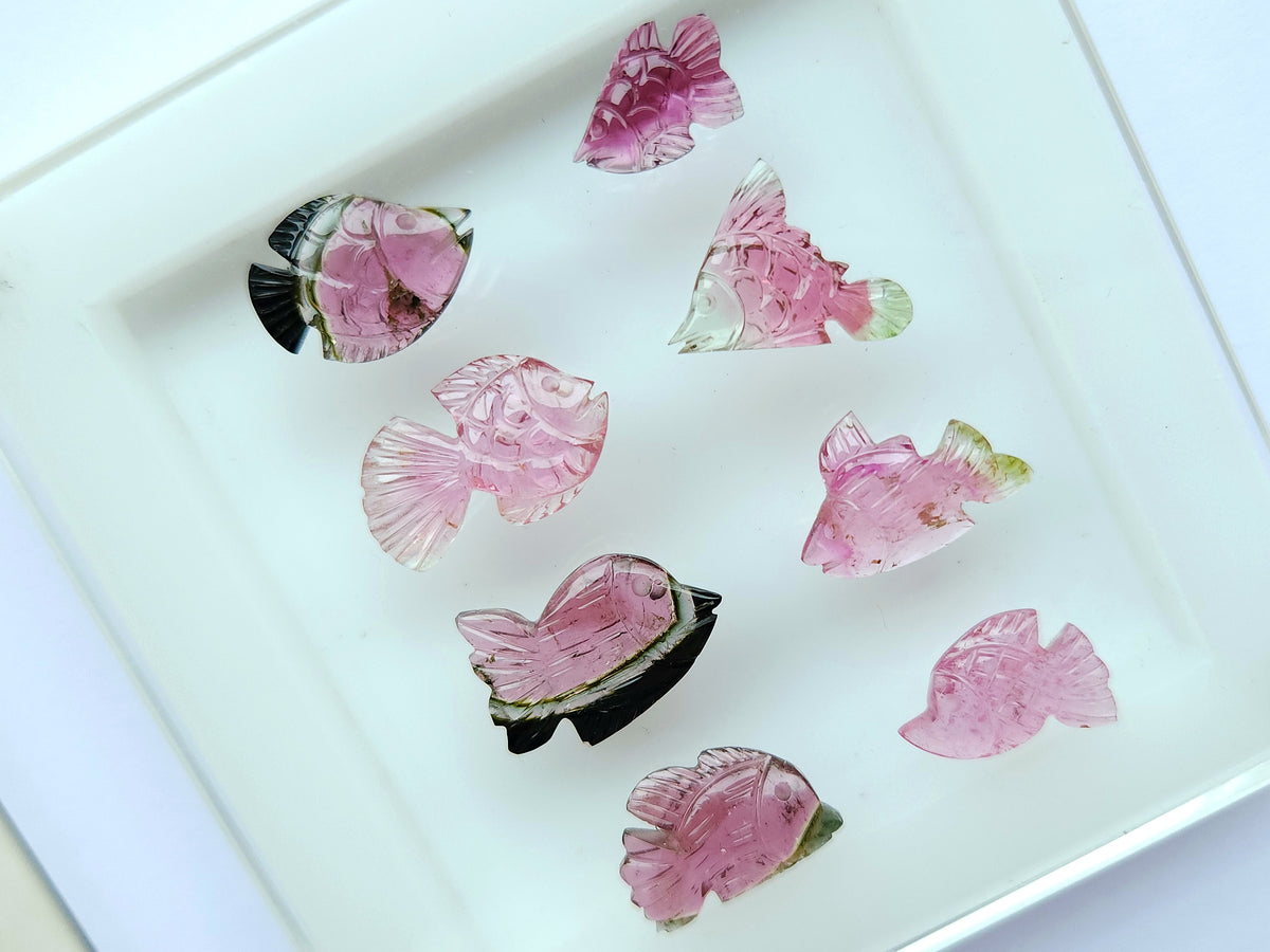 Natural Bi-Tourmaline Carved Fishes For Charms & Pendants