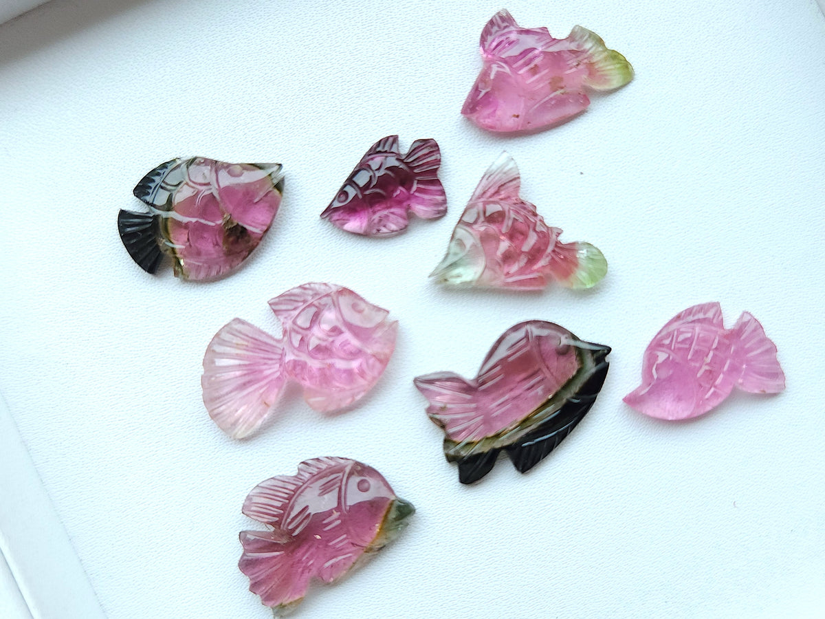 Natural Bi-Tourmaline Carved Fishes For Charms & Pendants