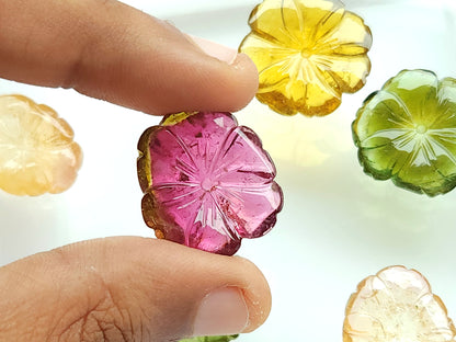 Natural Bi-Tourmaline Loose Flower Carvings