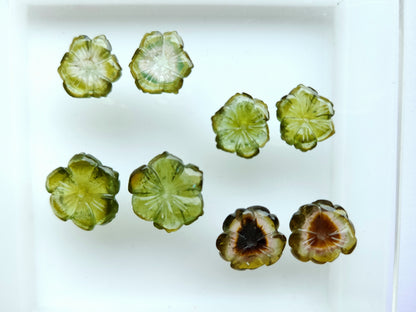 Natural Green Tourmaline Flower Carving Pairs | Tourmaline Carved Flowers Pairs For Earrings, Pendant & Jewelry Making