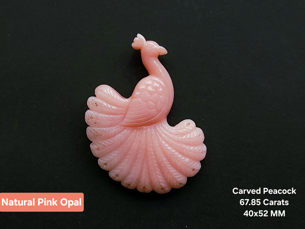 Natural Pink Opal Carved Peacock | Hand Carved Bird Figurine | Pink Opal Peacock Carving | Loose Gemstone Carving for Pendant & Jewelry