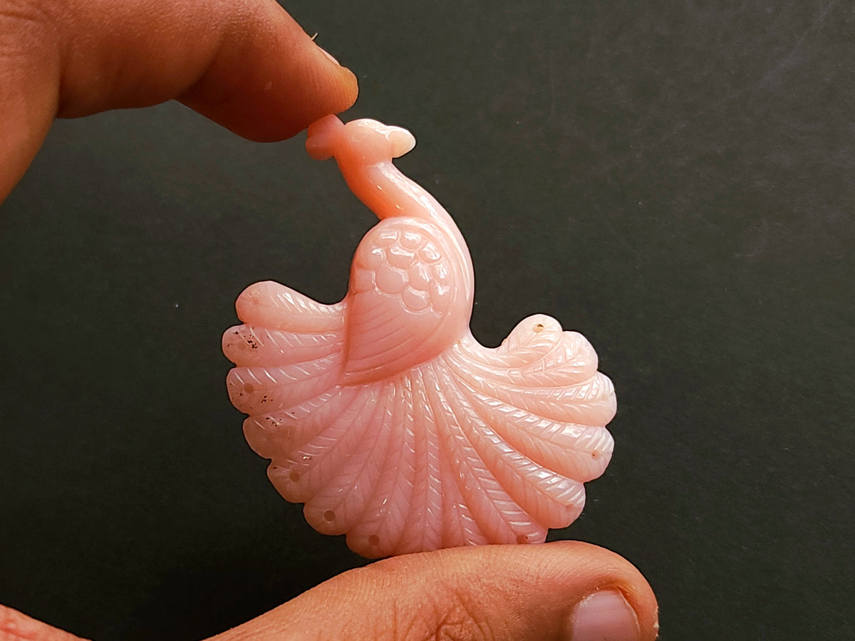 Natural Pink Opal Carved Peacock | Hand Carved Bird Figurine | Pink Opal Peacock Carving