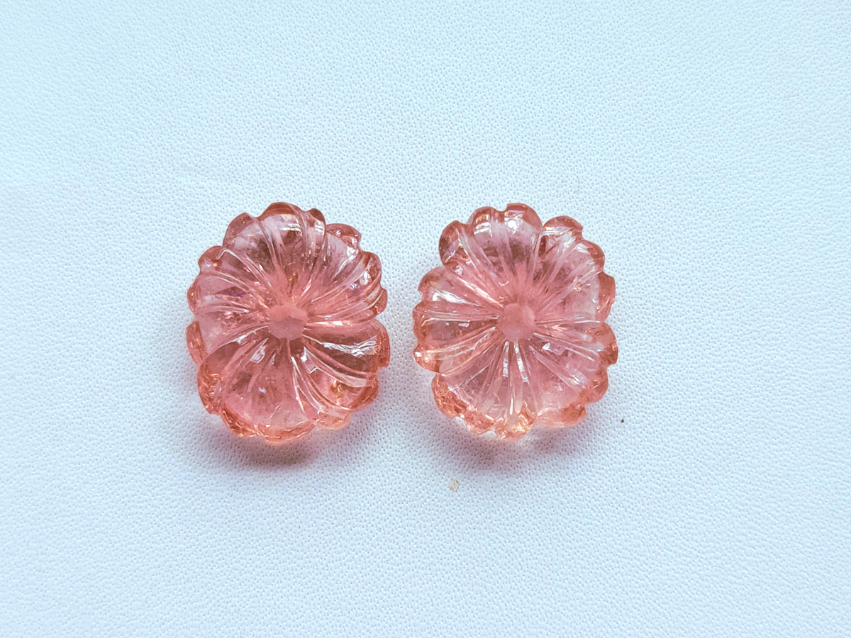 Natural Pink Tourmaline Carved Flower Pair